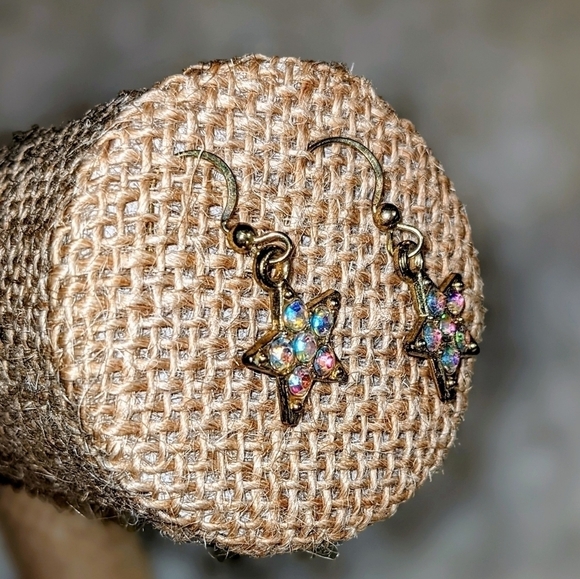 Gold Iridescent Crystal Star Drop Earrings - Picture 3 of 3